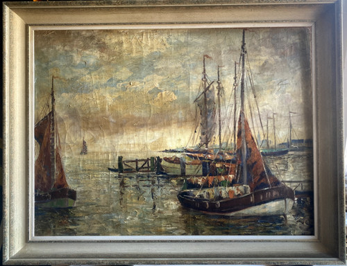 Signed oil painting harbour - oil,